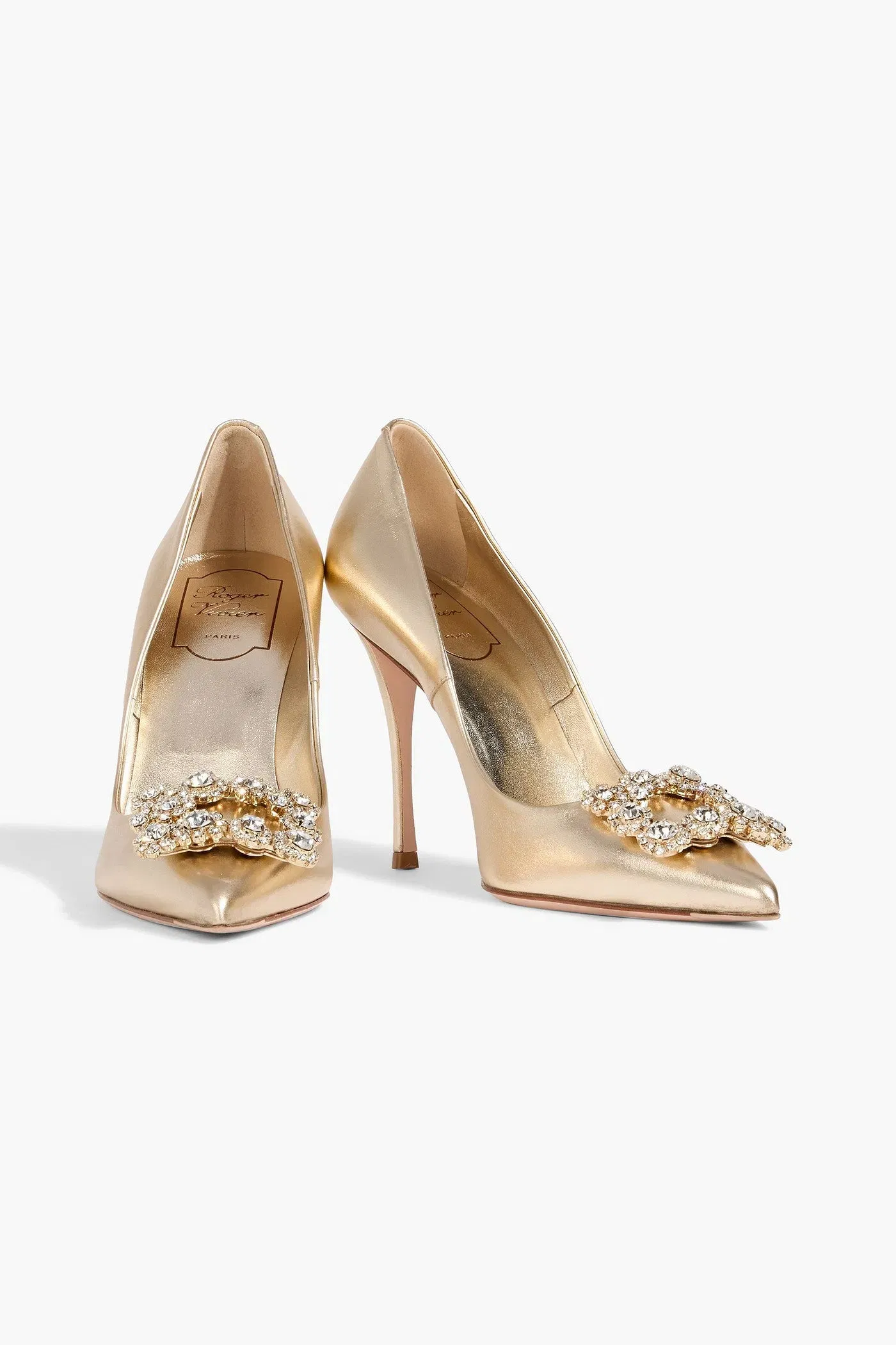 Roger Vivier Flower Strass Embellished Metallic Leather Pumps Platinum Women's