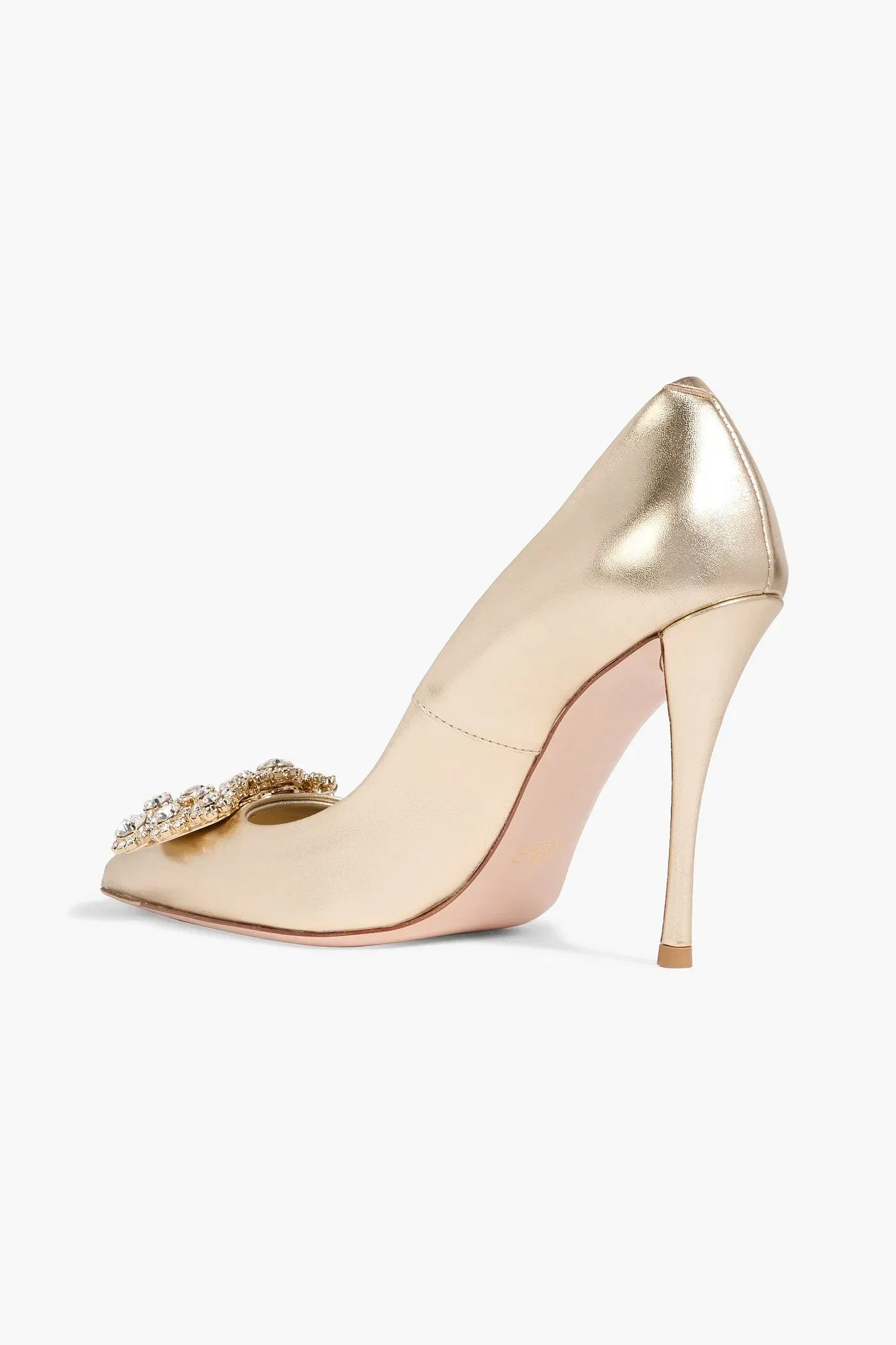 Roger Vivier Flower Strass Embellished Metallic Leather Pumps Platinum Women's
