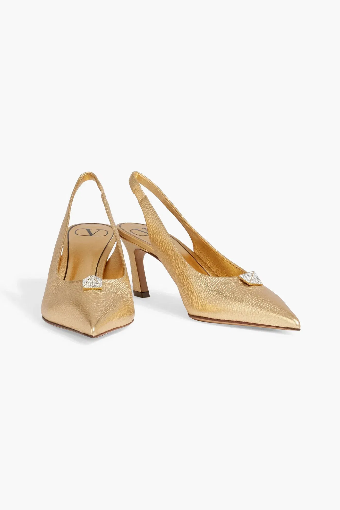 Valentino Garavani One Stud Metallic Pebbled-Leather Slingback Pumps Gold Women's