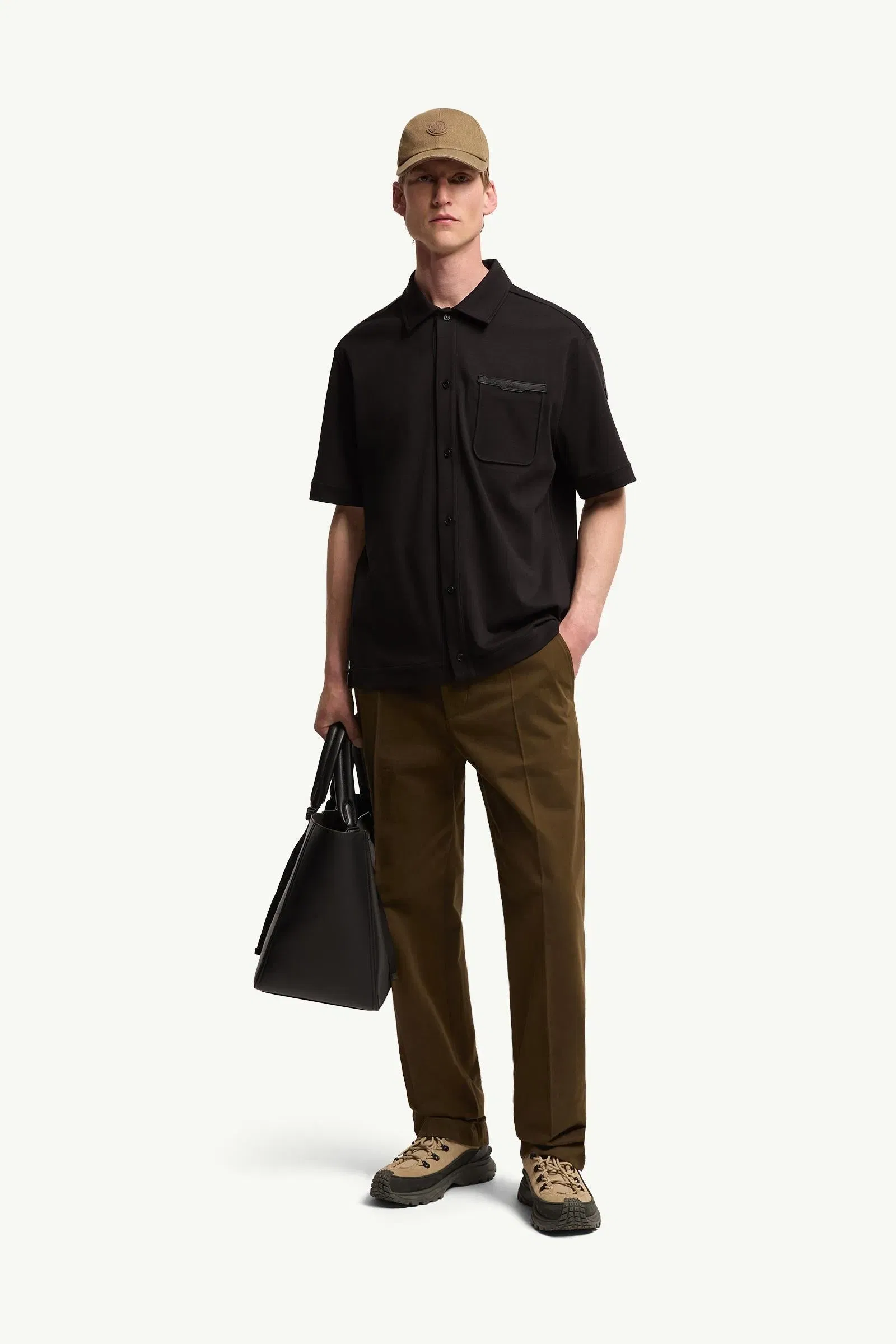 Moncler Leather Logo Cotton Short Sleeve Shirt Black Black