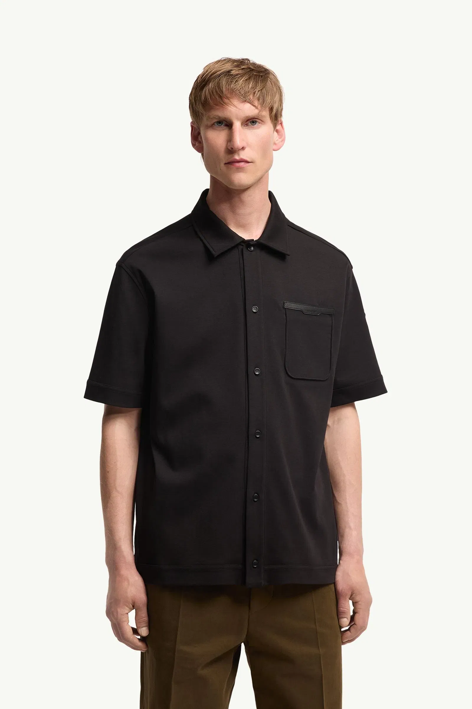 Moncler Leather Logo Cotton Short Sleeve Shirt Black Black