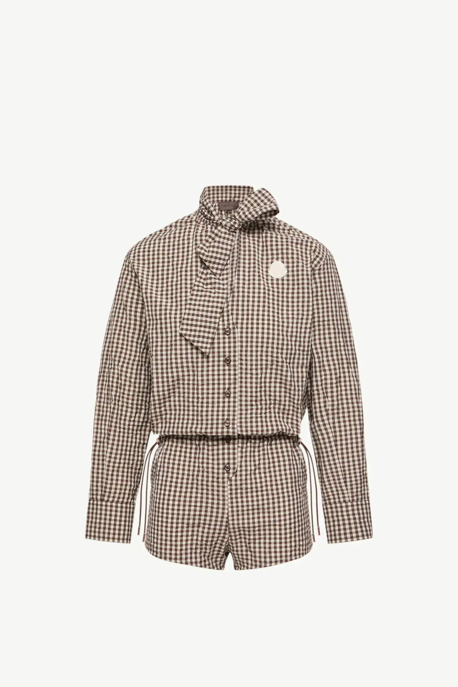 Moncler Vichy Romper With Bow White & Brown White & Brown