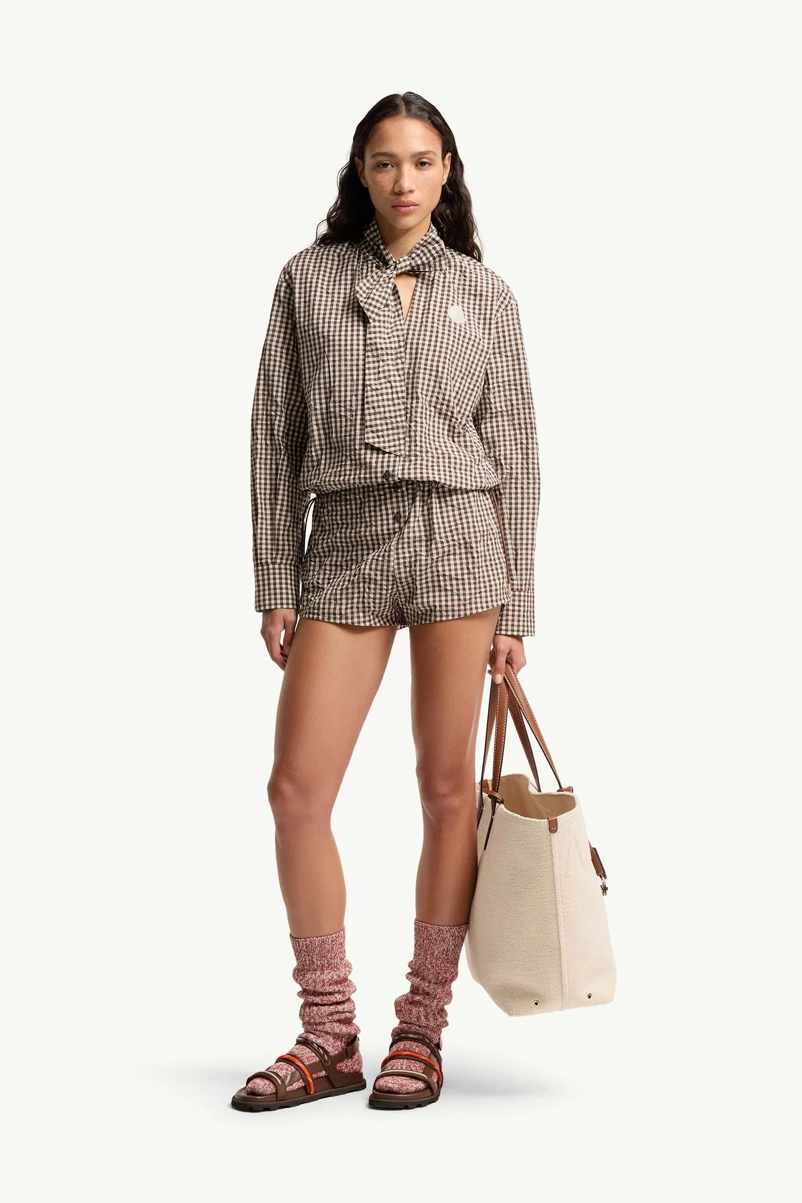 Moncler Vichy Romper With Bow White & Brown White & Brown