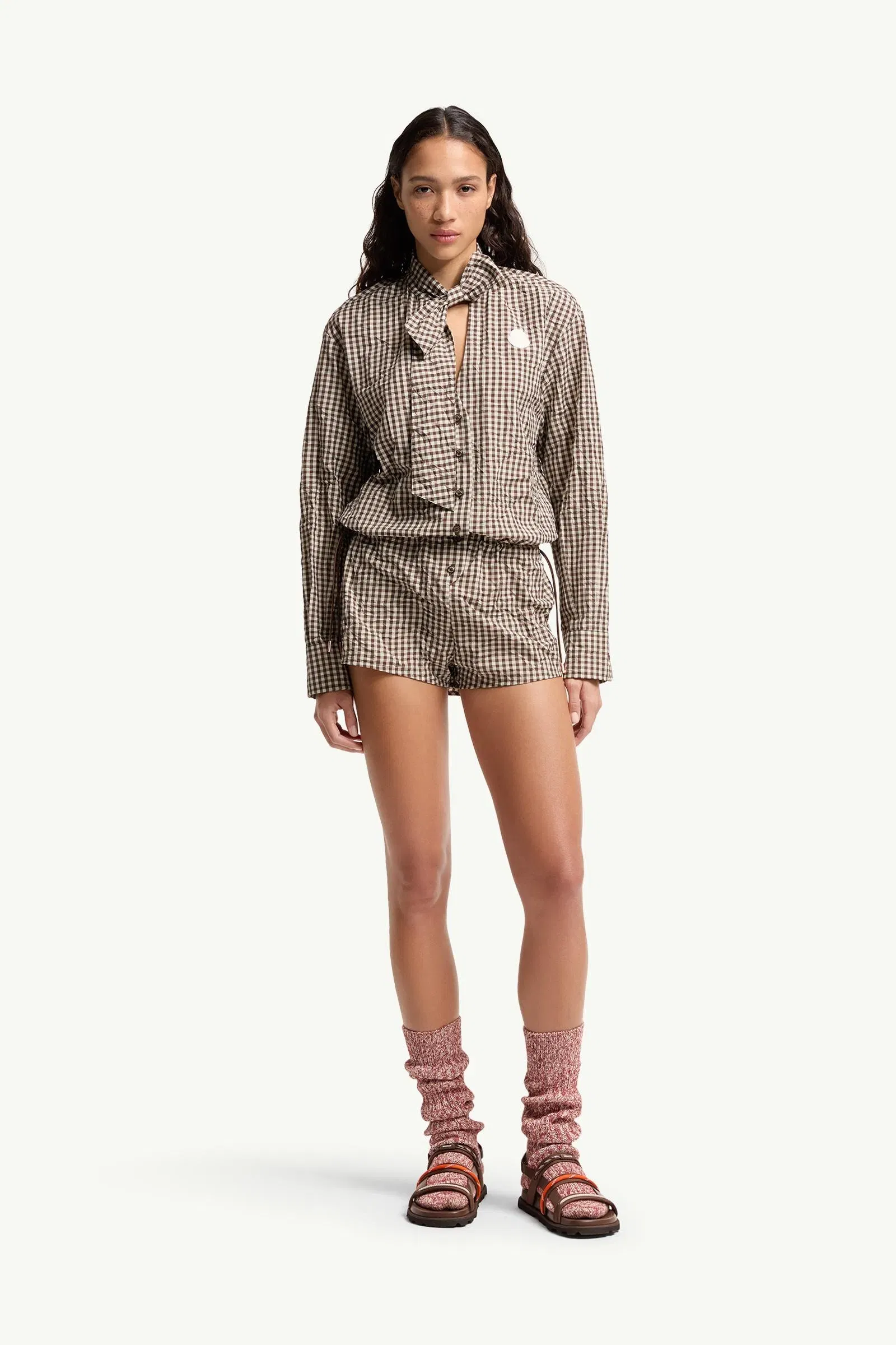 Moncler Vichy Romper With Bow White & Brown White & Brown