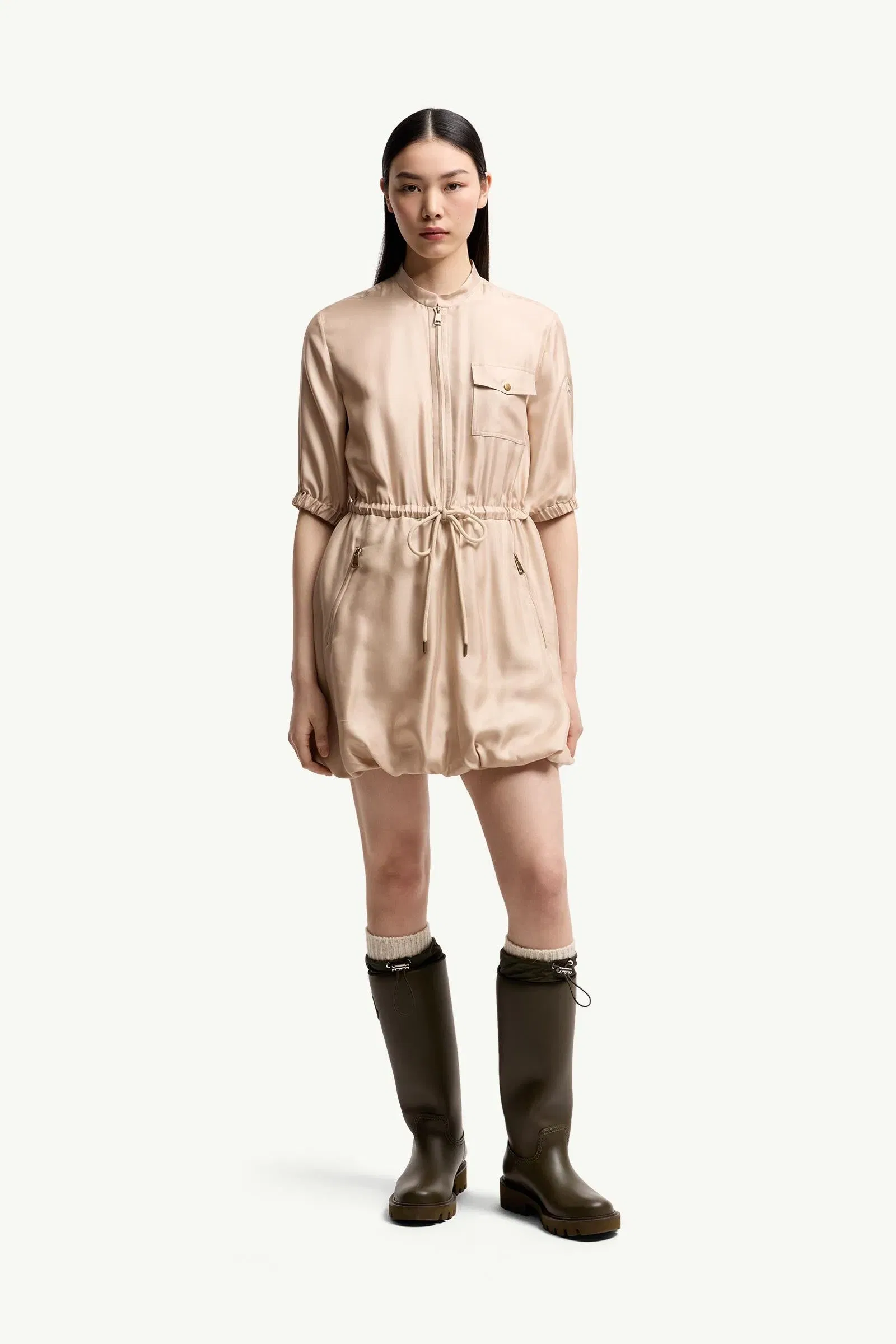 Moncler Silk Twill Mini Shirt Dress Light Beige Light Beige