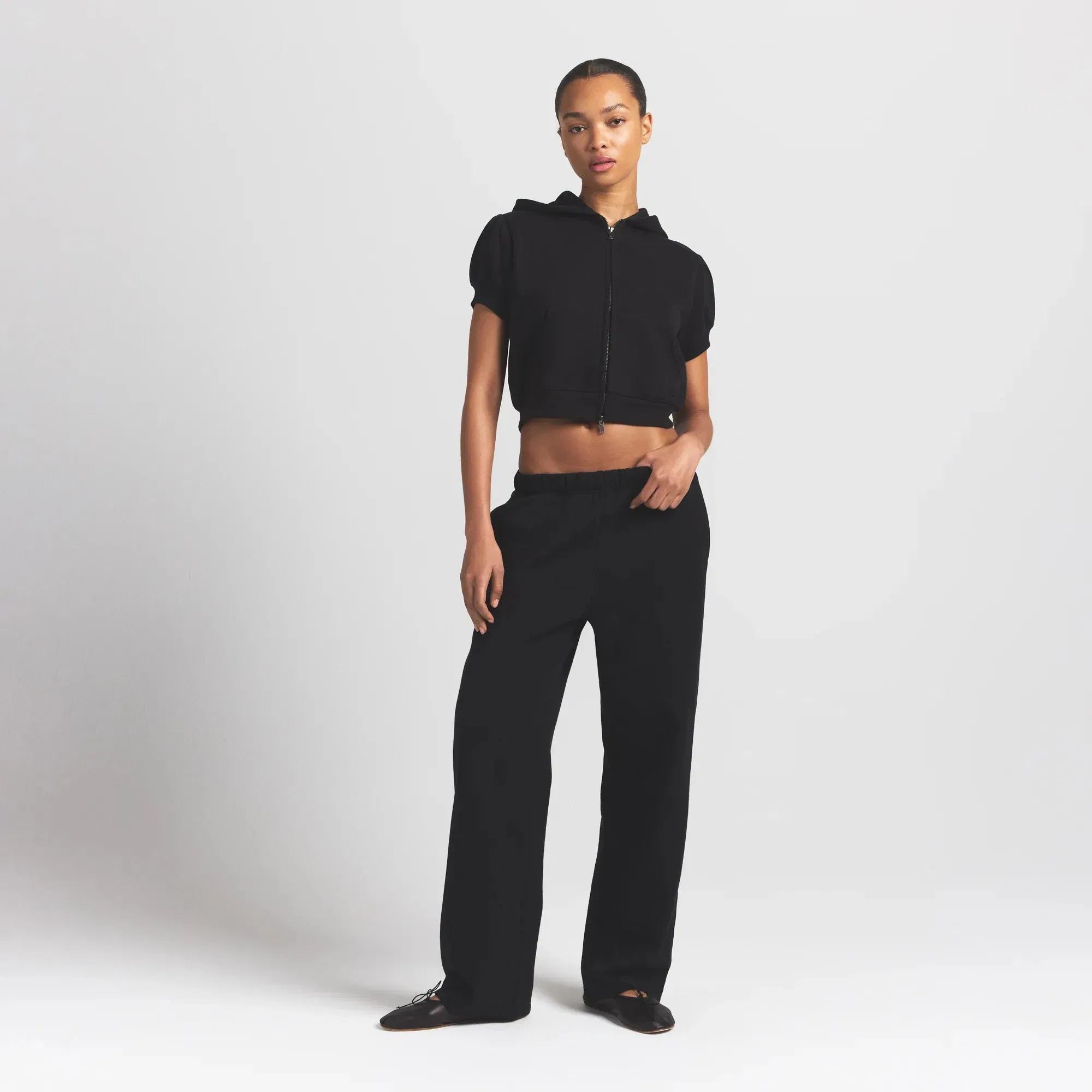 Cotton Fleece Bubble Sleeve Cropped Zip Up