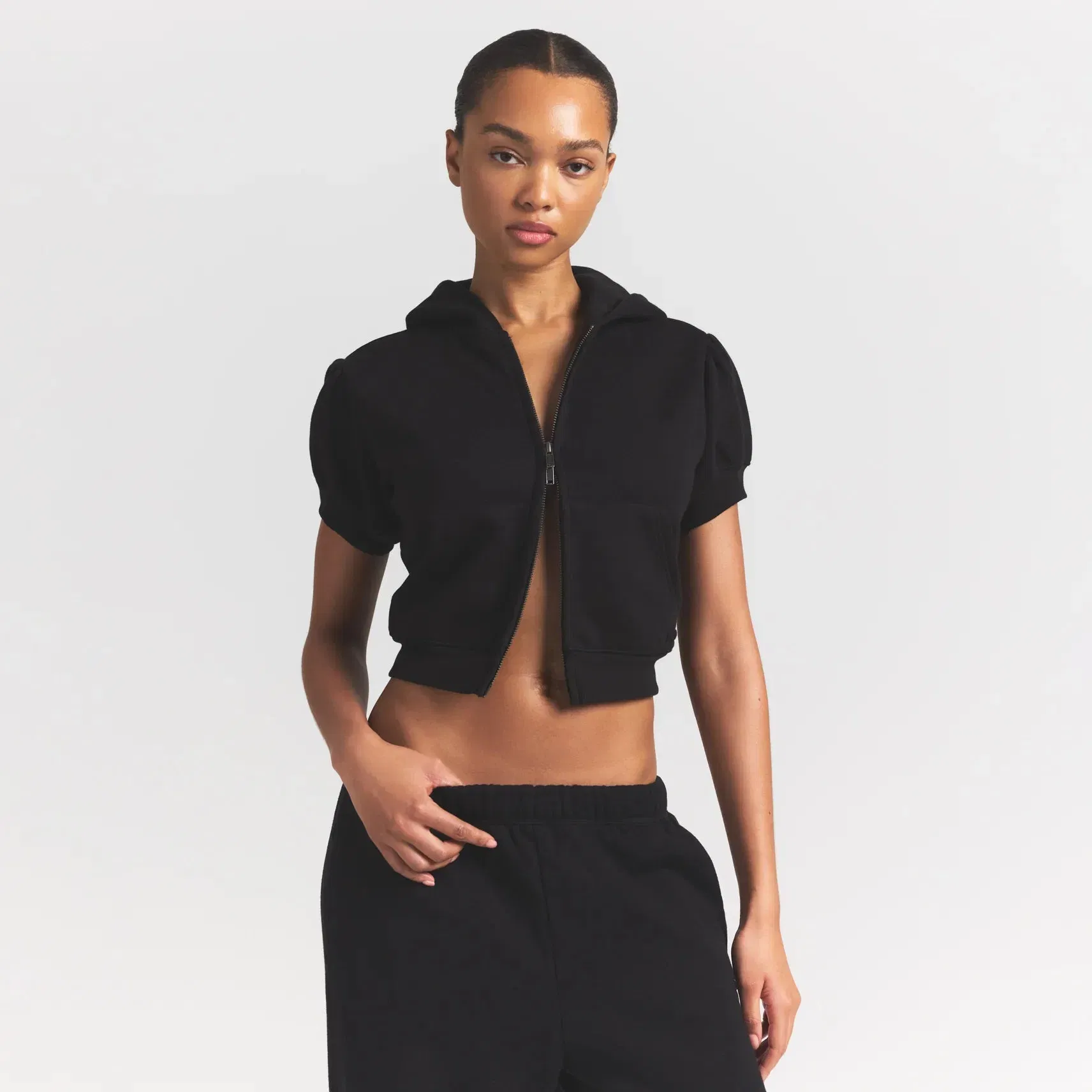 Cotton Fleece Bubble Sleeve Cropped Zip Up