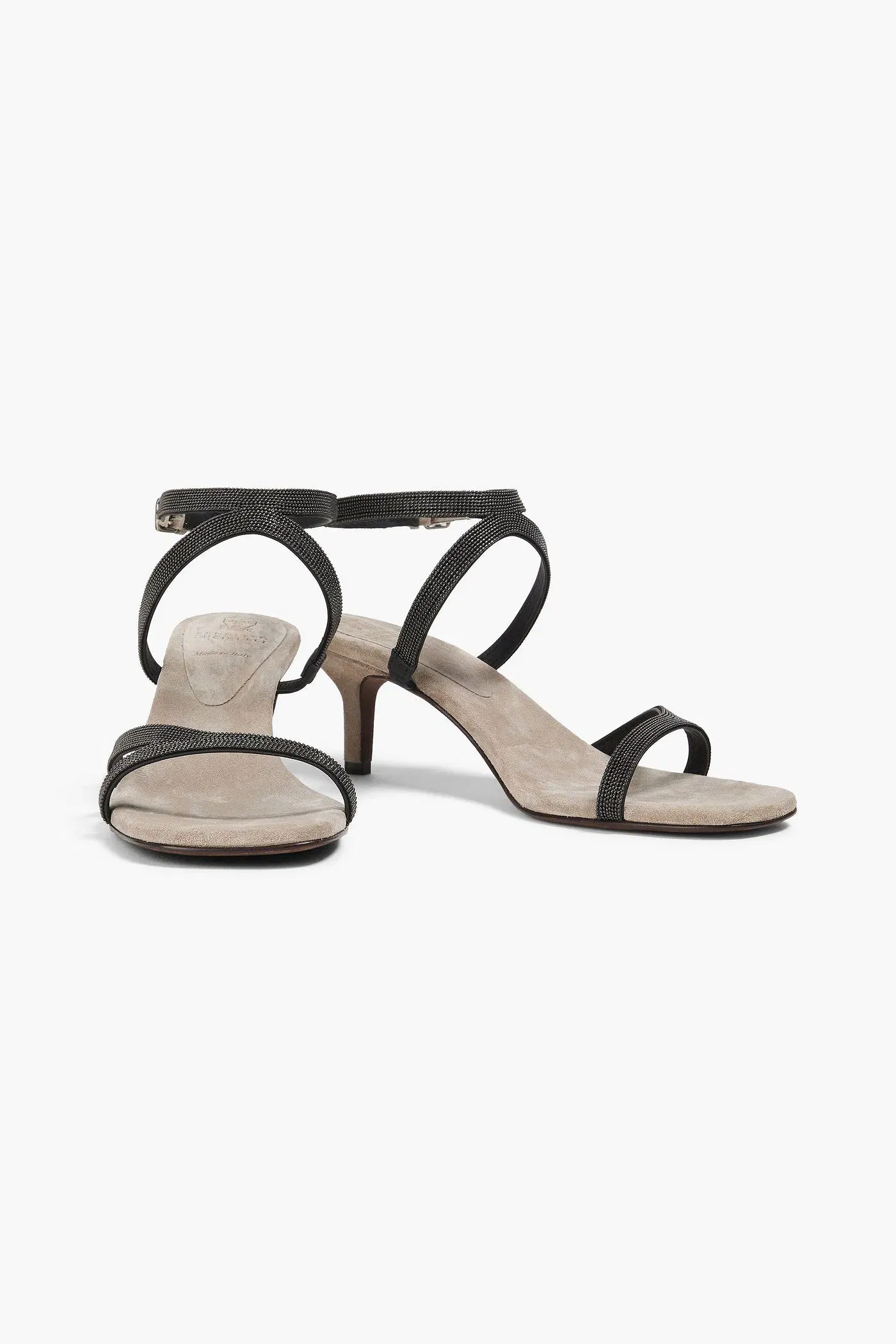Brunello Cucinelli Bead-Embellished Suede Sandals Charcoal Women's