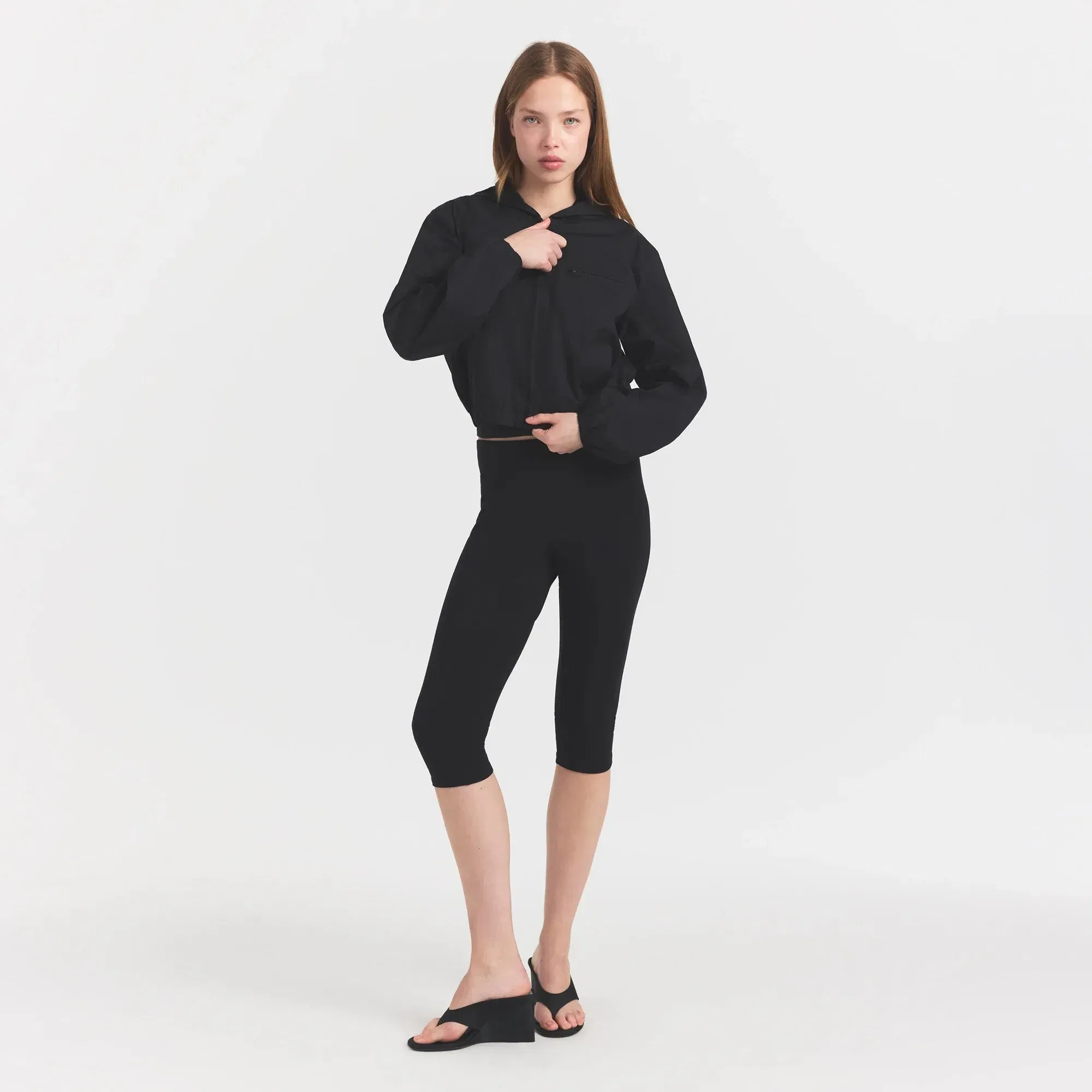 Woven Cotton Cropped Zip Up Jacket