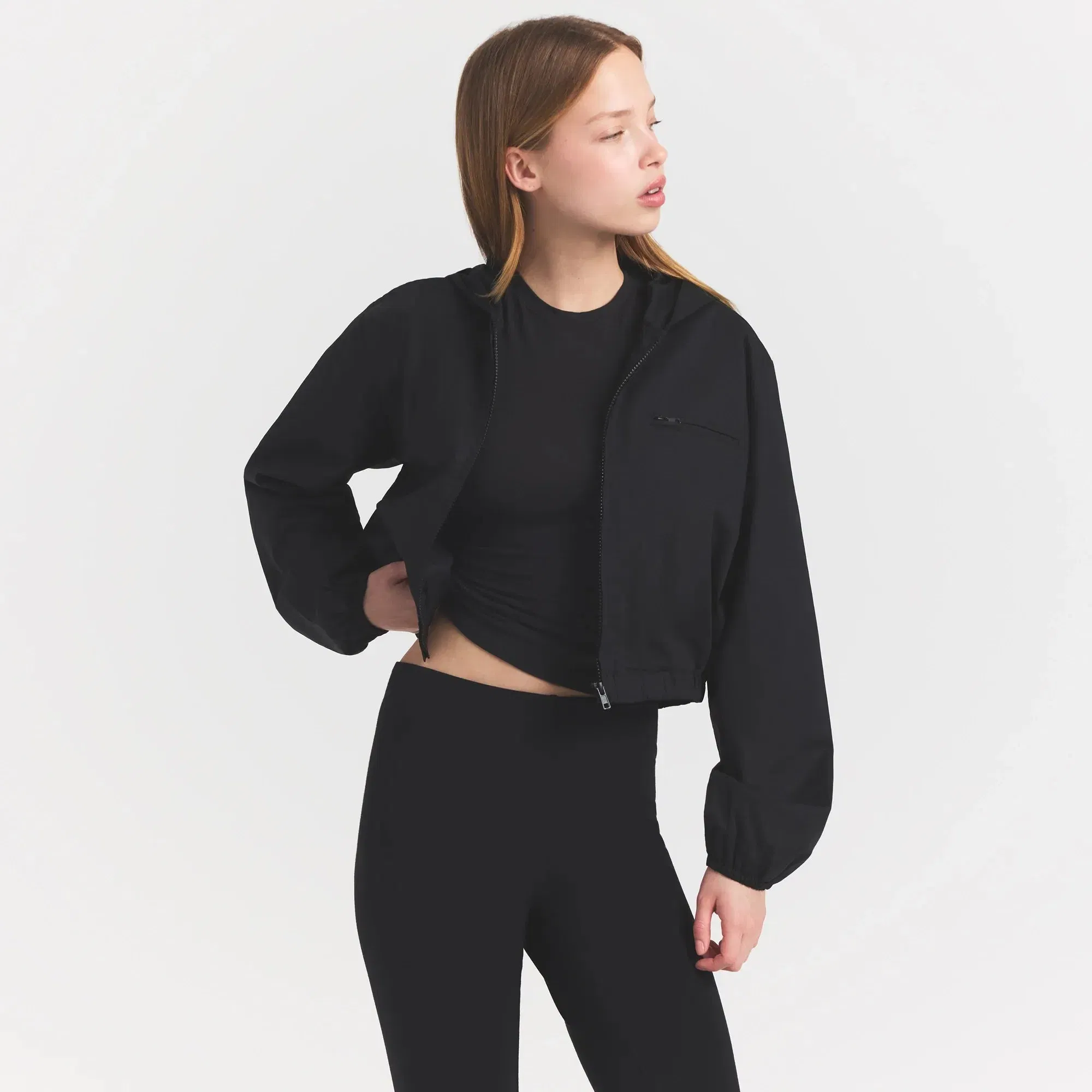 Woven Cotton Cropped Zip Up Jacket
