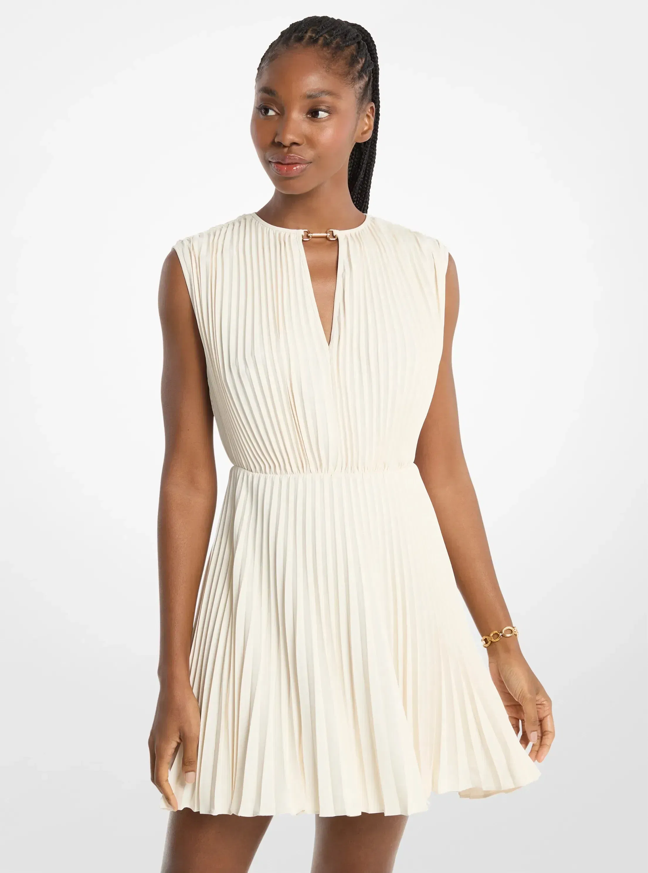 Michael Kors Pleated Satin Back Crepe Mini Dress BONE