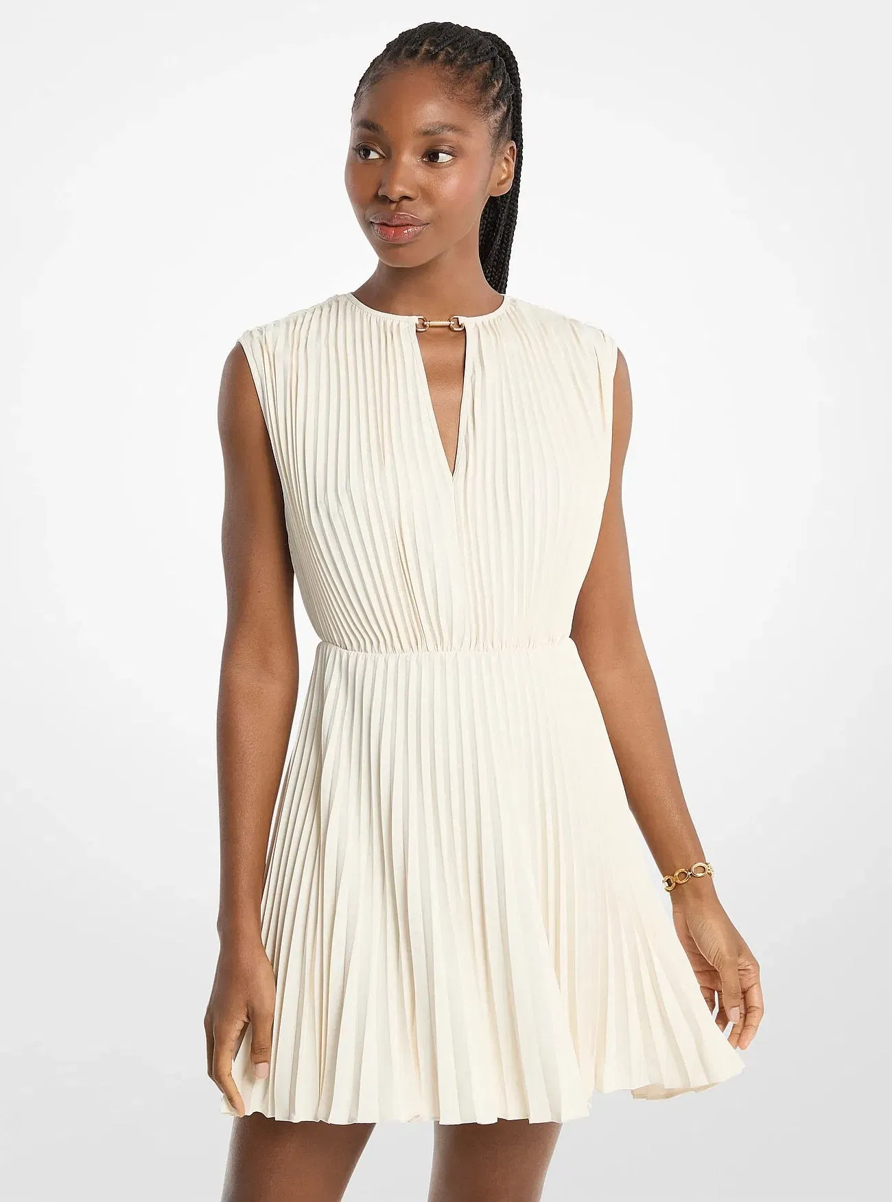 Michael Kors Pleated Satin Back Crepe Mini Dress BONE