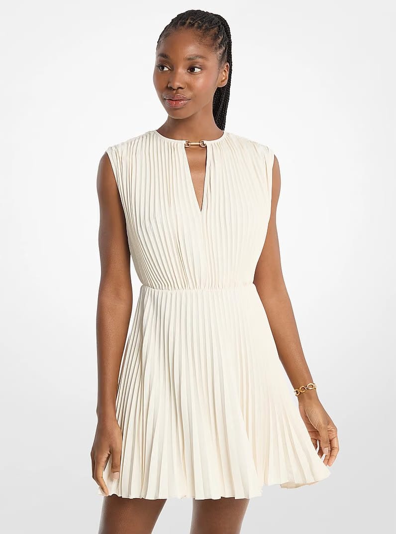 Michael Kors Pleated Satin Back Crepe Mini Dress BONE
