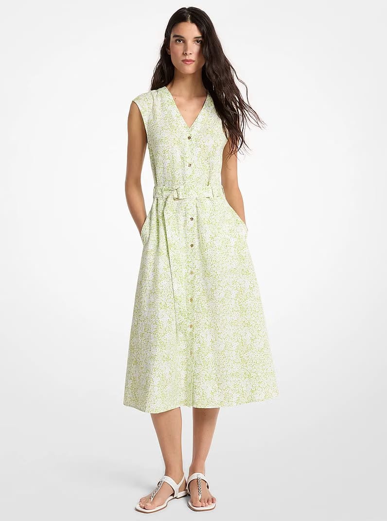 Michael Kors Floral Print Linen Blend Midi Dress LIME