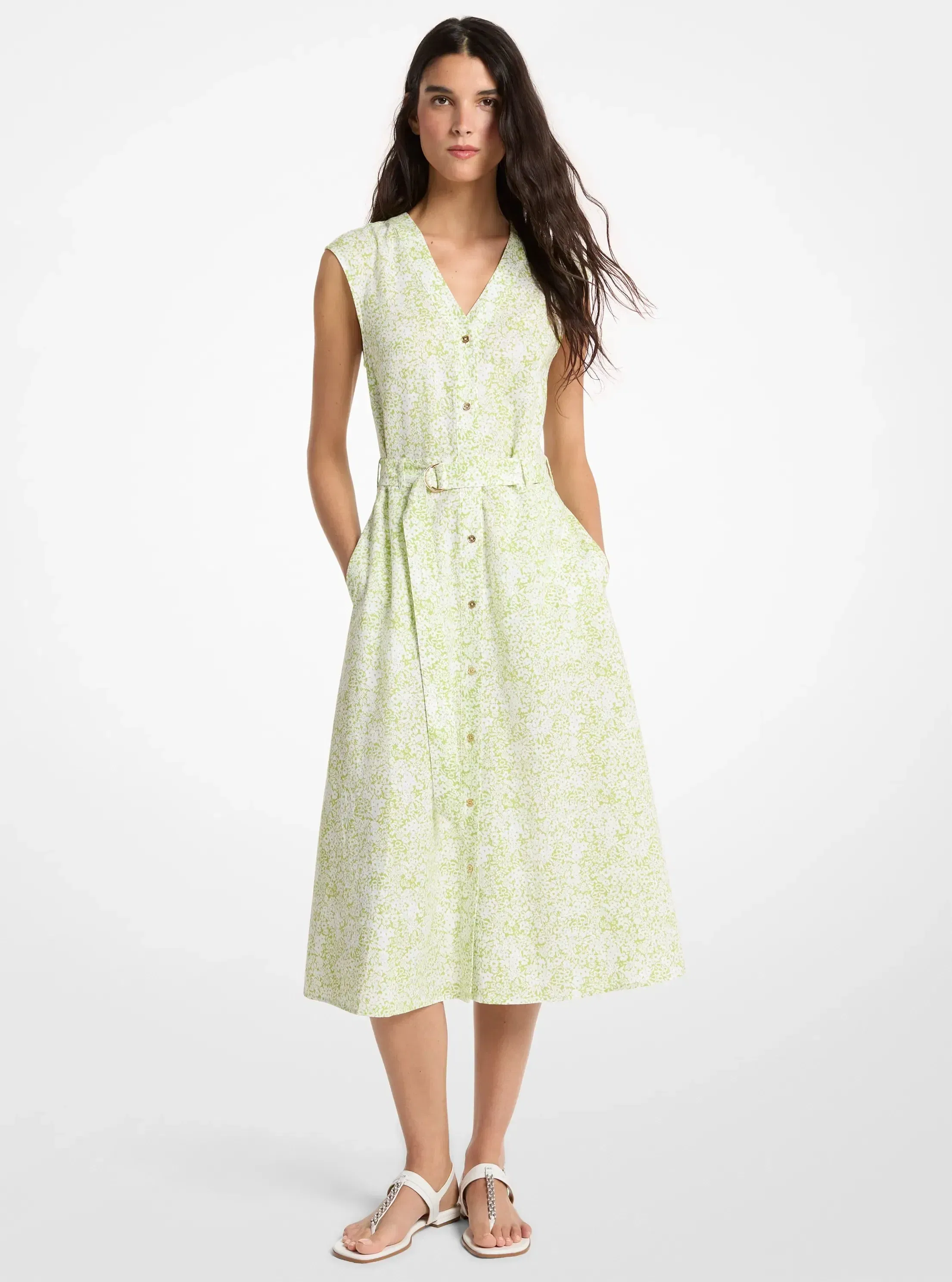 Michael Kors Floral Print Linen Blend Midi Dress LIME