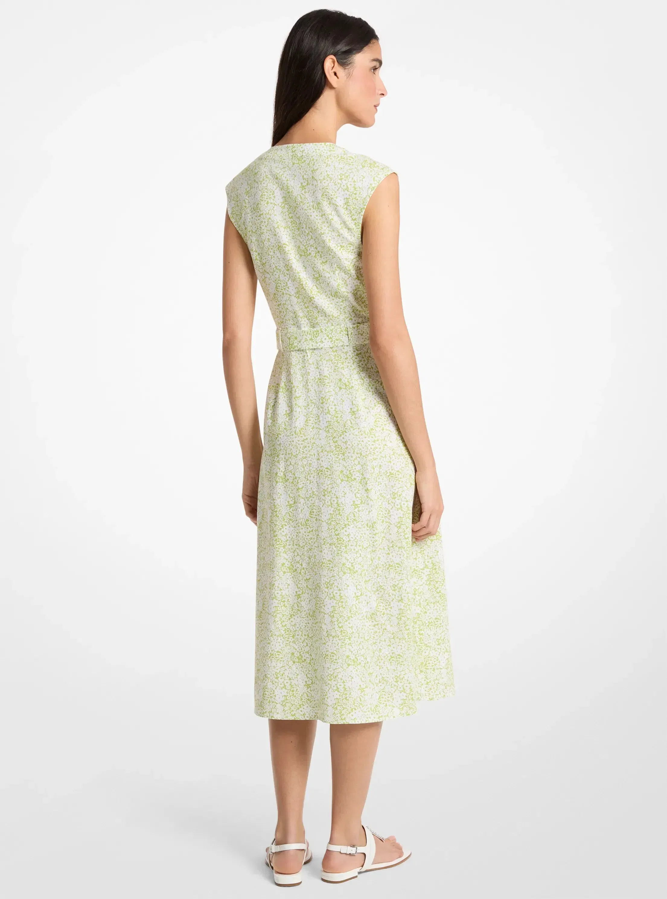 Michael Kors Floral Print Linen Blend Midi Dress LIME