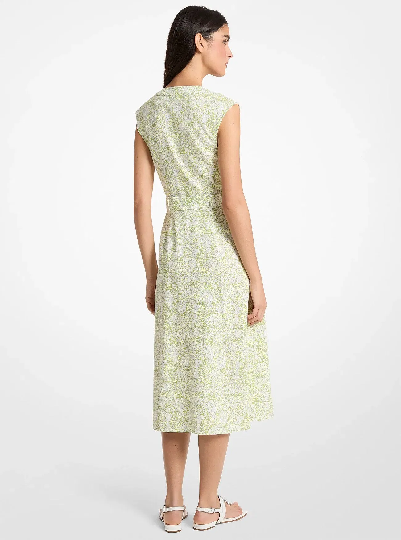 Michael Kors Floral Print Linen Blend Midi Dress LIME