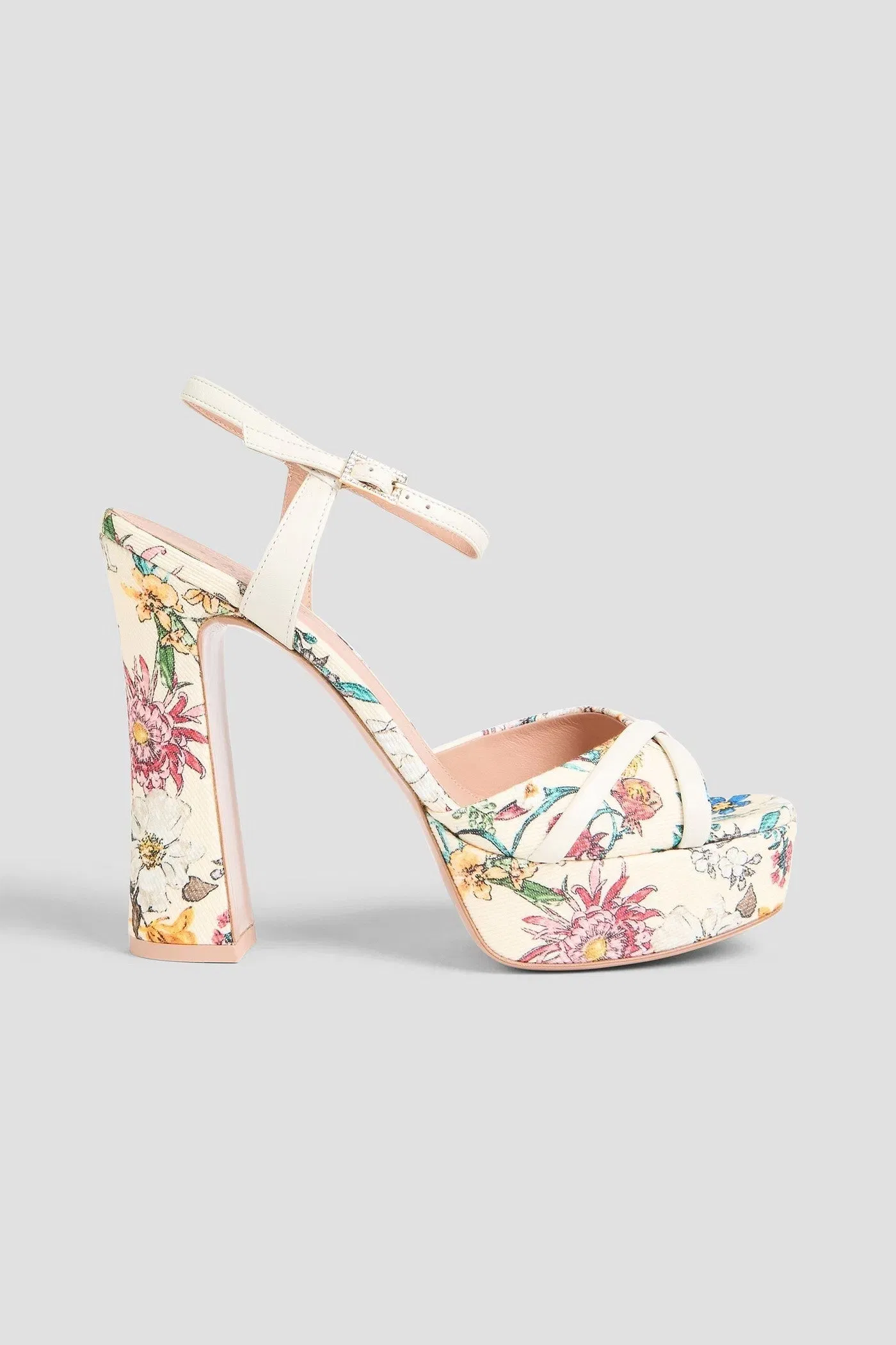 Malone Souliers Keaton Floral-Print Faille Platform Sandals Cream Women's