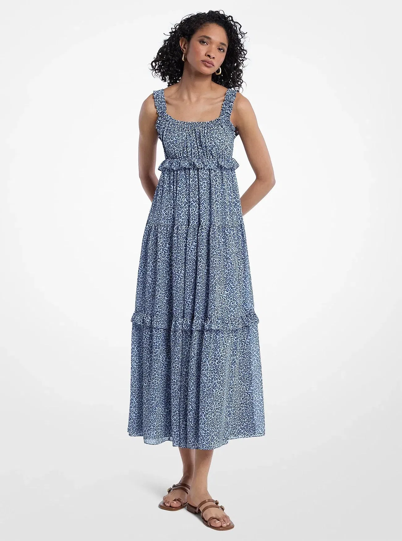 Michael Kors Leopard Print Georgette Tiered Dress DK CHAMBRAY