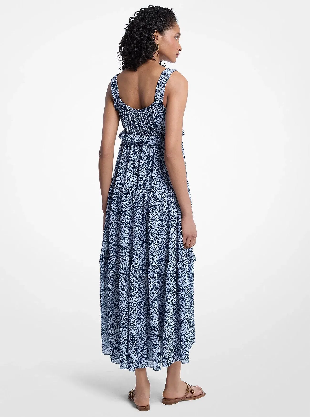 Michael Kors Leopard Print Georgette Tiered Dress DK CHAMBRAY