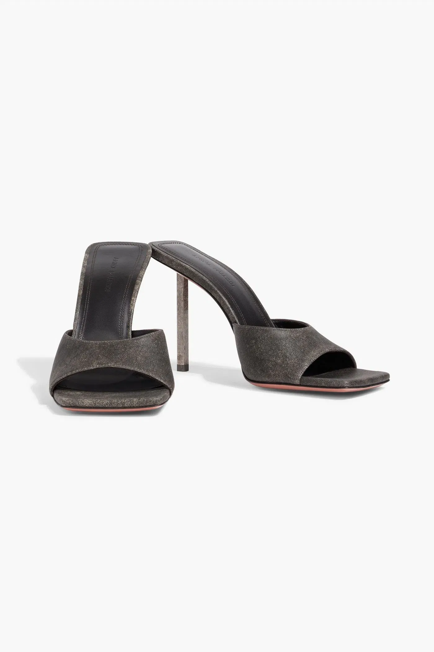 Amina Muaddi Laura 95 Distressed Leather Mules Charcoal Women's
