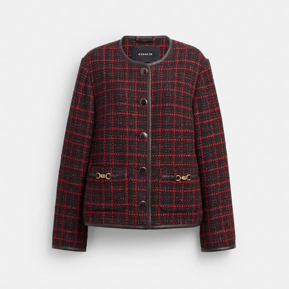 Coach Sculpted C Tweed Jacket Red Black
