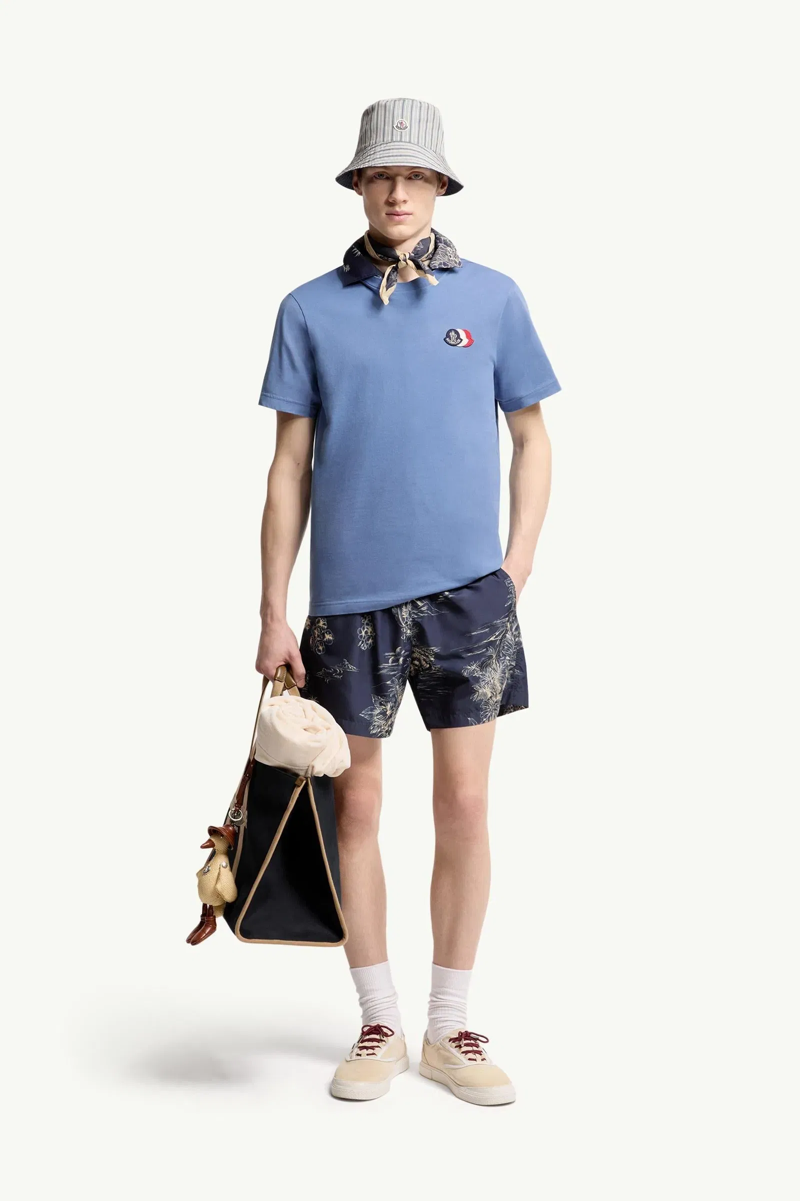Moncler Embroidered Tricolor Logo Cotton T-Shirt Light Blue Light Blue
