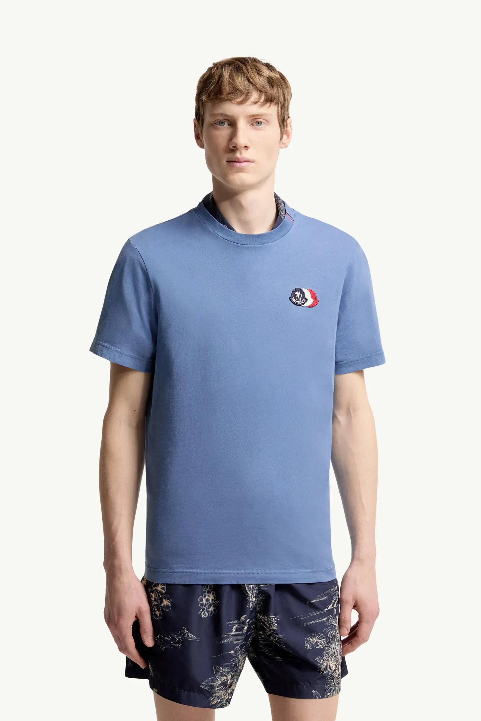 Moncler Embroidered Tricolor Logo Cotton T-Shirt Light Blue Light Blue