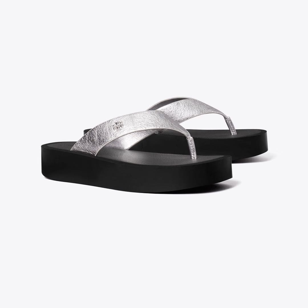 Tory Burch Leather Platform Flip Flop SILVER / PERFECT BLACK / SILVER