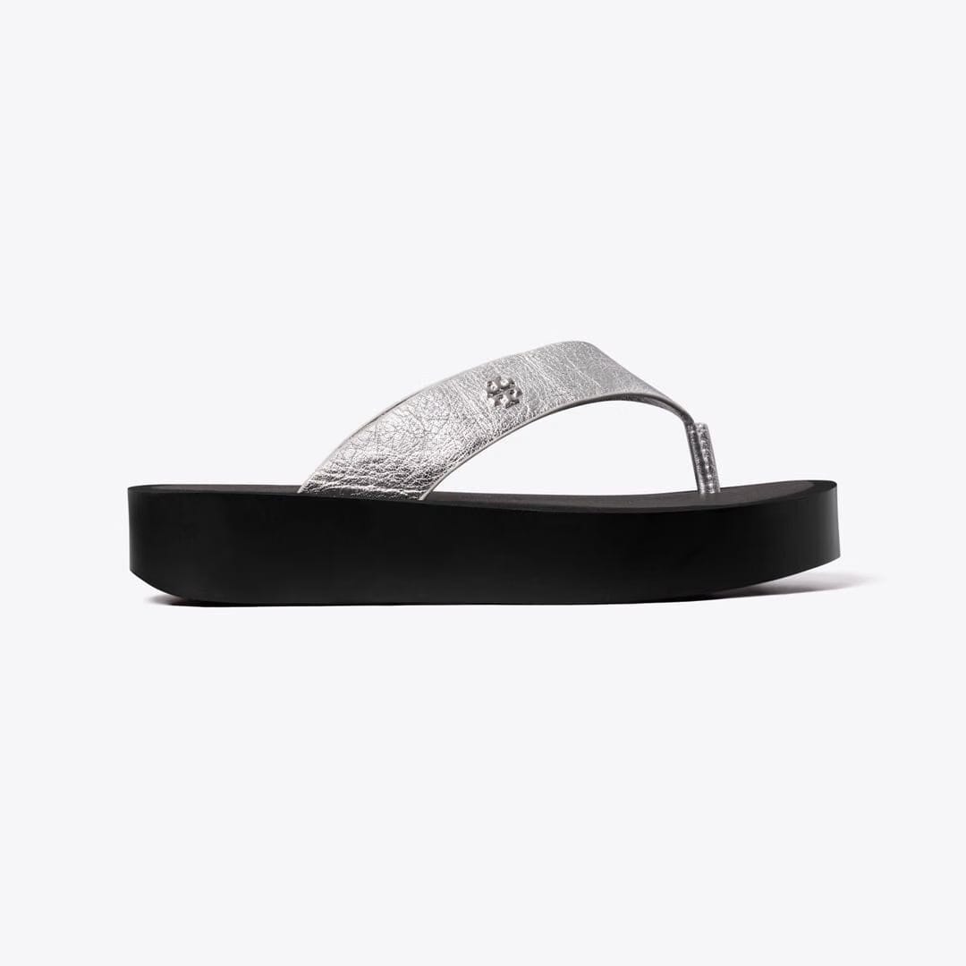 Tory Burch Leather Platform Flip Flop SILVER / PERFECT BLACK / SILVER