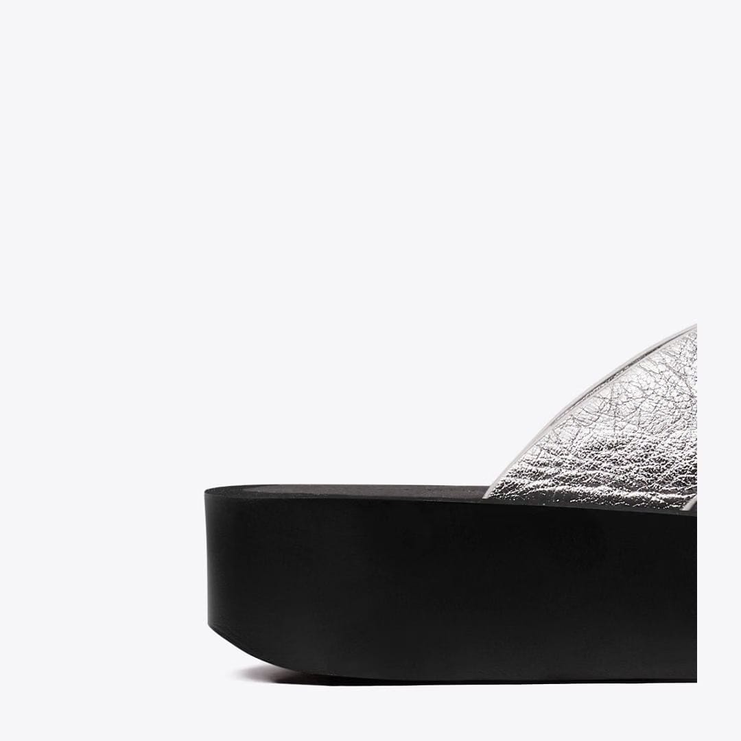 Tory Burch Leather Platform Flip Flop SILVER / PERFECT BLACK / SILVER