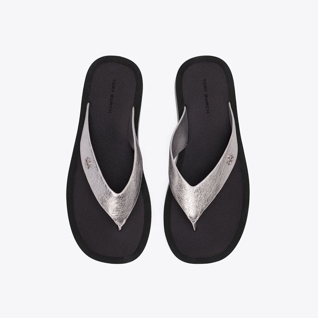 Tory Burch Leather Platform Flip Flop SILVER / PERFECT BLACK / SILVER