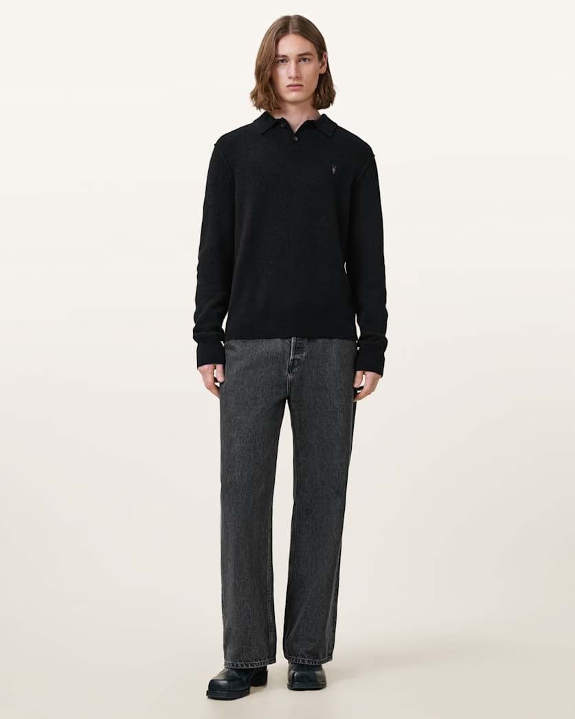 AllSaints Statten Long Sleeve Ramskull Polo Sweater Black