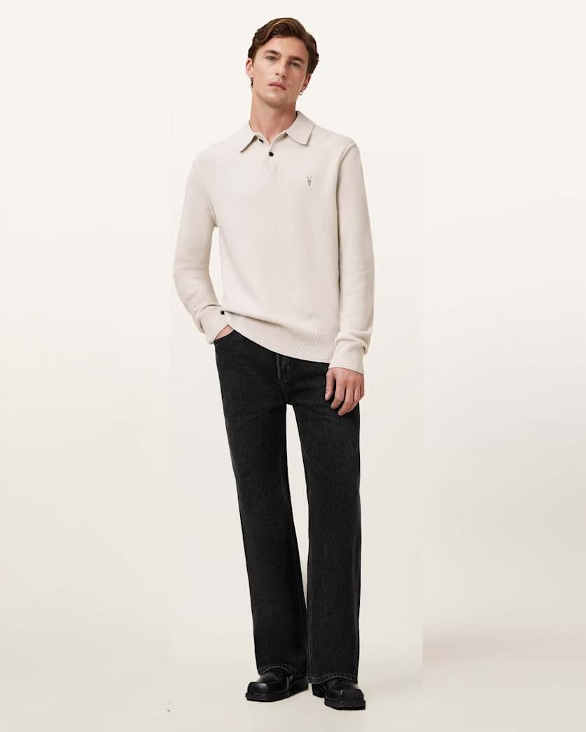 AllSaints Statten Long Sleeve Ramskull Polo Sweater Black