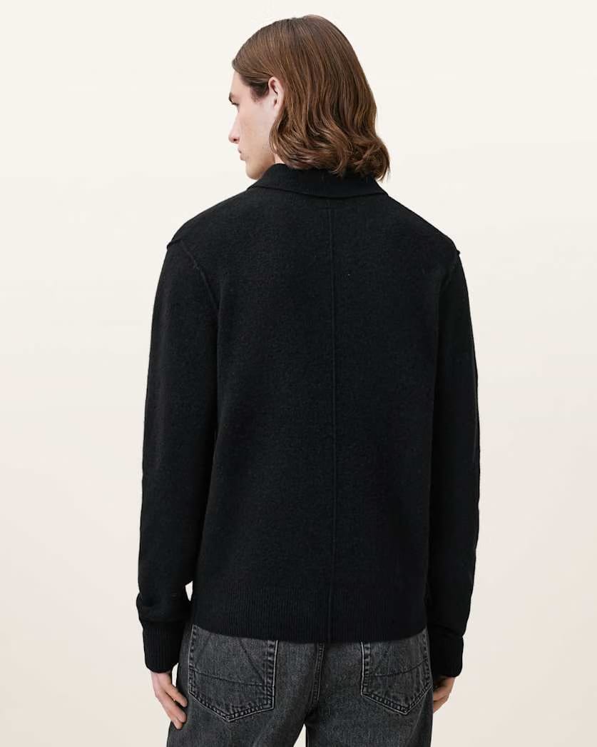 AllSaints Statten Long Sleeve Ramskull Polo Sweater Black