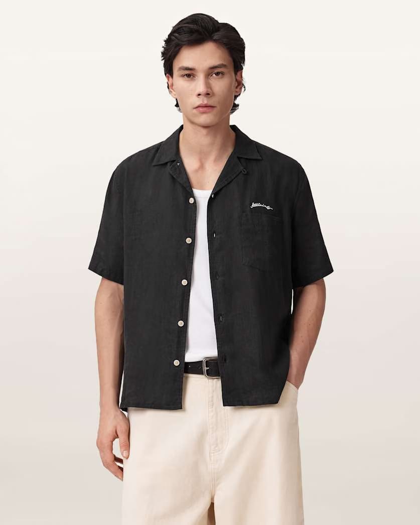AllSaints Wilder Embroidered Linen Shirt Black