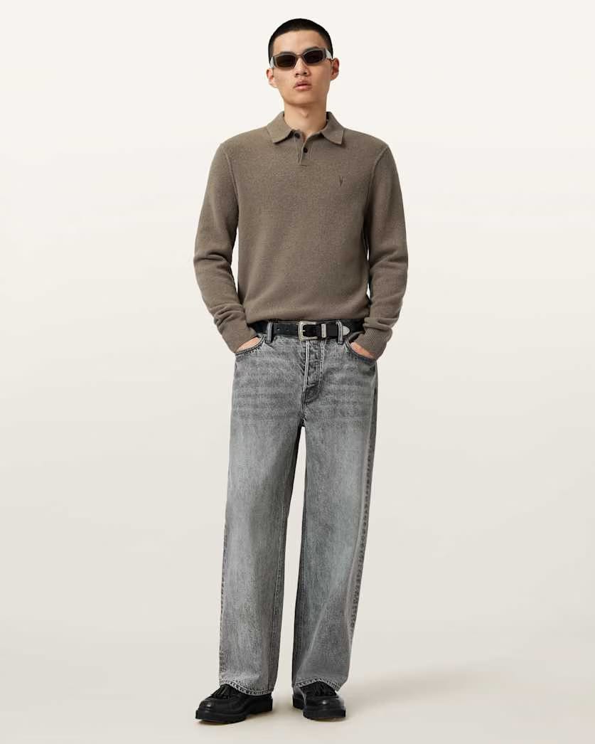 AllSaints Statten Long Sleeve Polo Sweater Dusky Green