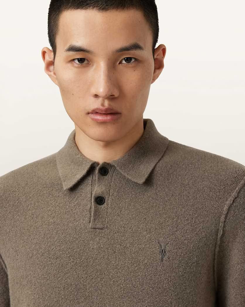 AllSaints Statten Long Sleeve Polo Sweater Dusky Green