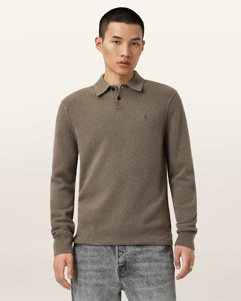 AllSaints Statten Long Sleeve Polo Sweater Dusky Green