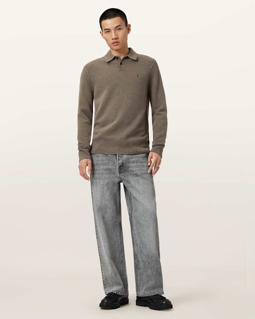 AllSaints Statten Long Sleeve Polo Sweater Dusky Green