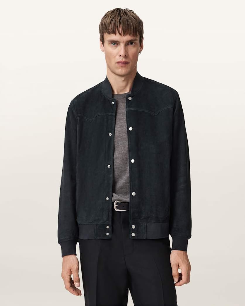 AllSaints Stafford Suede Bomber Jacket Phantom Blue