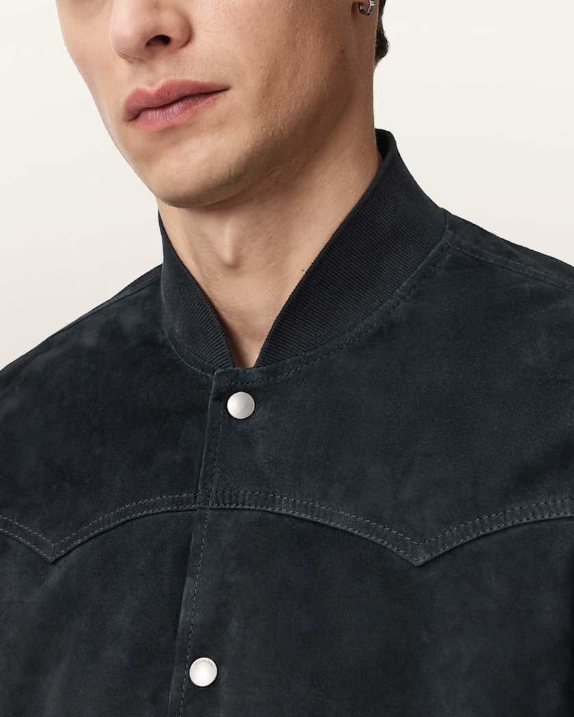 AllSaints Stafford Suede Bomber Jacket Phantom Blue