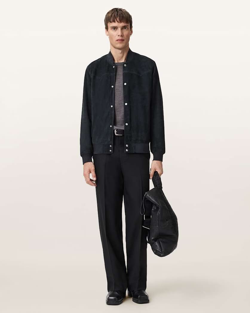 AllSaints Stafford Suede Bomber Jacket Phantom Blue