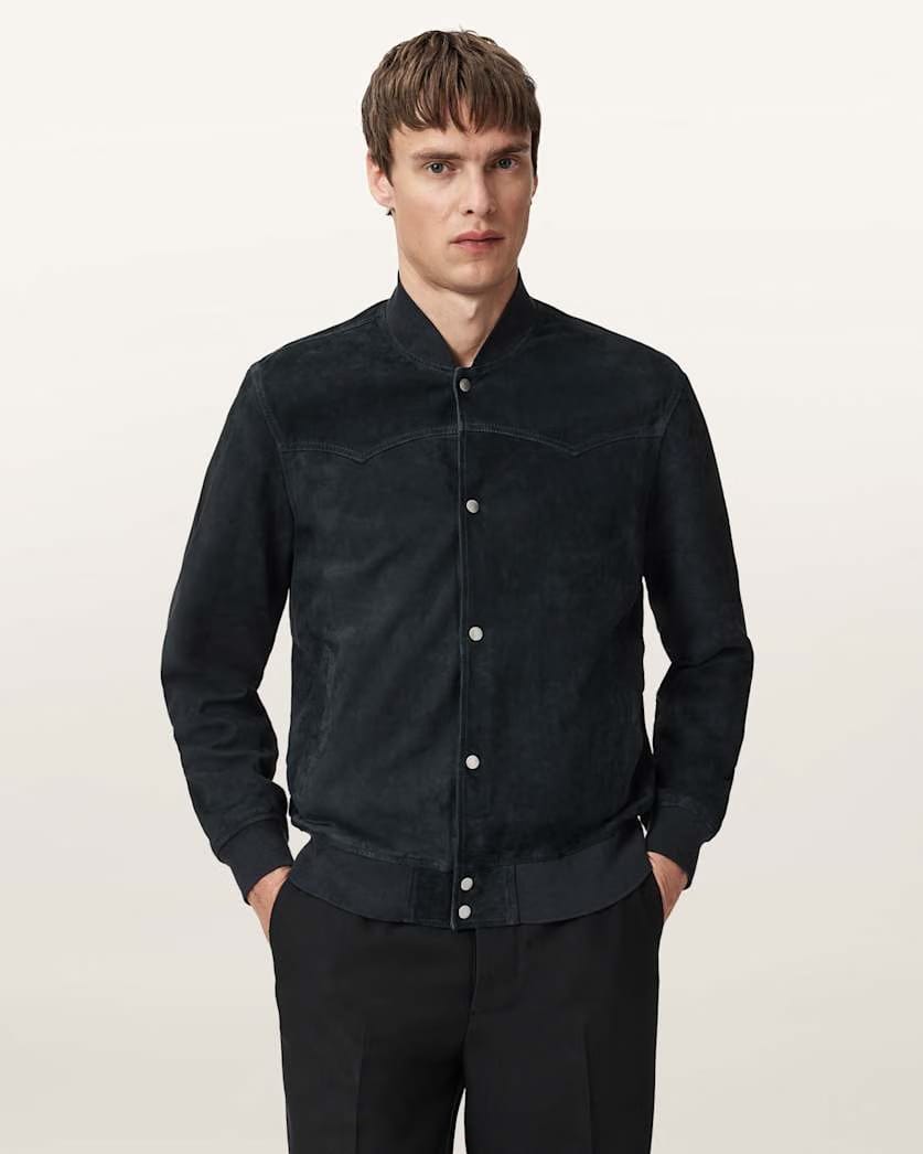 AllSaints Stafford Suede Bomber Jacket Phantom Blue