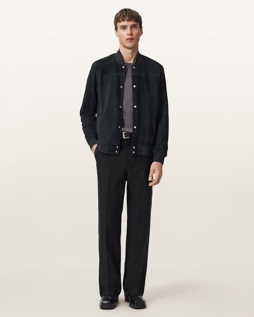 AllSaints Stafford Suede Bomber Jacket Phantom Blue