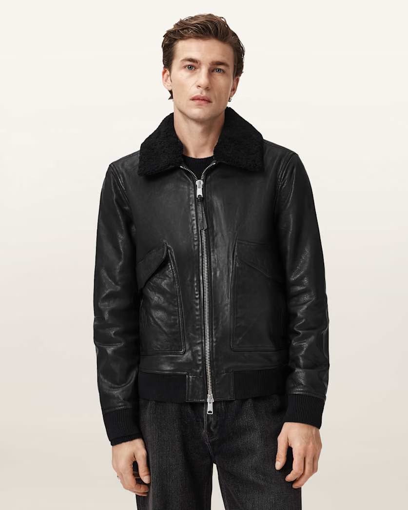 AllSaints Vaucluse Aviator Leather Jacket Black