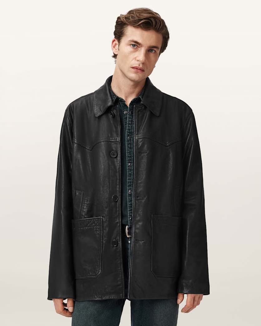 AllSaints Toulouse Single Breasted Leather Coat Black