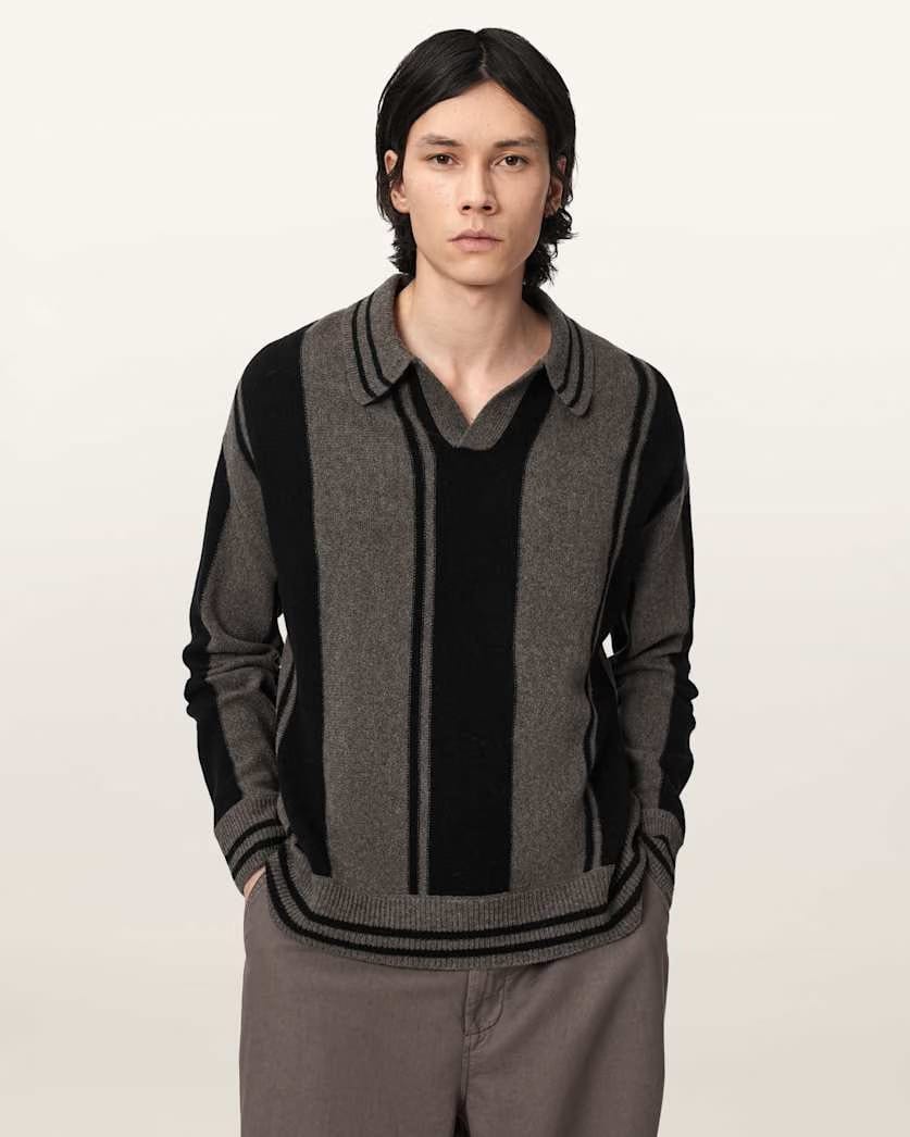 AllSaints Taylor Long Sleeve Wool Polo Cinder Black