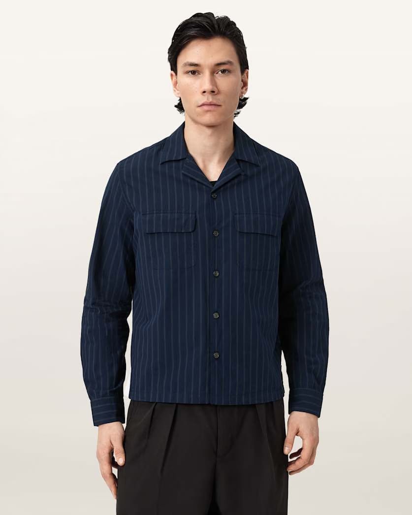 AllSaints Stanley Striped Long Sleeve Shirt Soap White