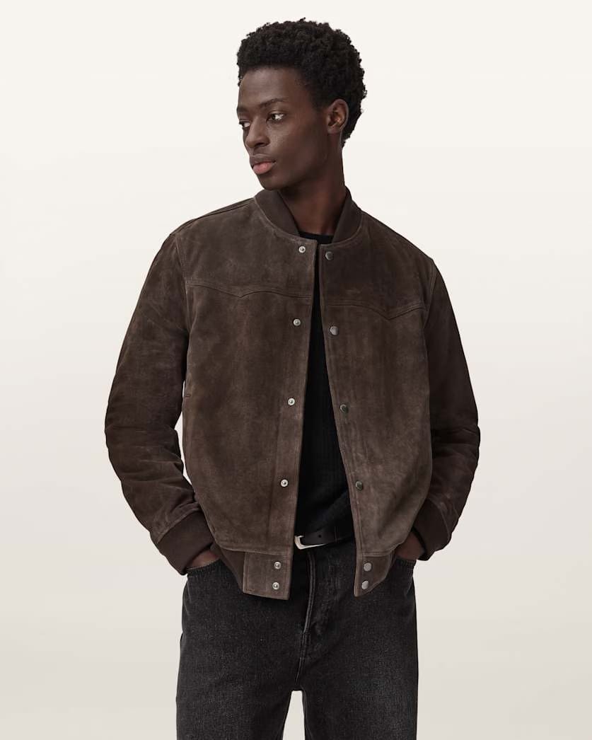 AllSaints Stafford Leather Bomber Jacket Woodland Brown